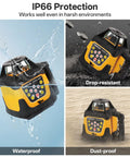 Heavy Duty Self Leveling Rotary Laser With 2000 Ft Range And Built Like A Tank IP66 Waterproof Rating shown in water and dirt.