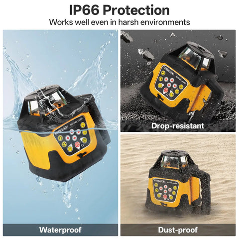 Heavy Duty Self Leveling Rotary Laser With 2000 Ft Range And Built Like A Tank IP66 Waterproof Rating shown in water and dirt.