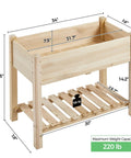 Raised Garden Bed With Legs And Storage Shelf For Backyard Patio Or Balcony Wooden Elevated Planter Box 34 By 18 By 30 Inches Solid Fir Wood Easy Assembly Low Fuss Setup Sturdy And Ready To Grow. Image shows planter dimensions and weight capacity of 220 lb.