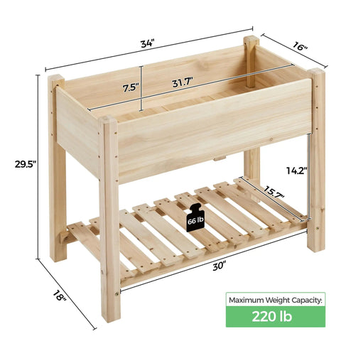 Raised Garden Bed With Legs And Storage Shelf For Backyard Patio Or Balcony Wooden Elevated Planter Box 34 By 18 By 30 Inches Solid Fir Wood Easy Assembly Low Fuss Setup Sturdy And Ready To Grow. Image shows planter dimensions and weight capacity of 220 lb.