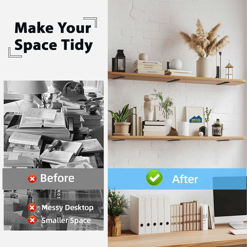 Before and after of a tidy room with shelves installed using 6 Pack Heavy Duty 12 Inch Black L Shelf Brackets for Floating Shelves.
