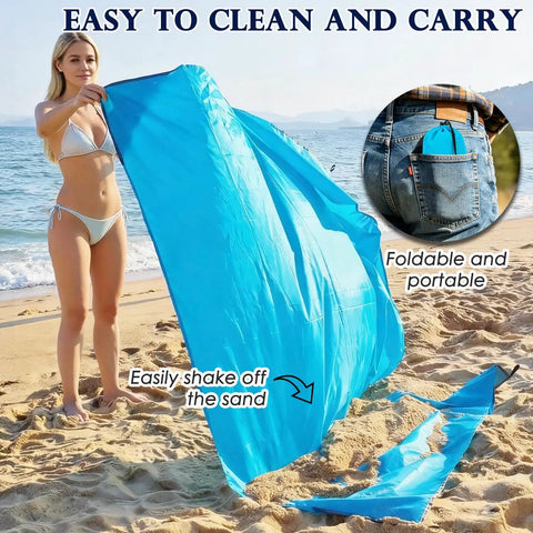 Portable 57x60 Inch Picnic Blanket Waterproof Sandproof Quick Dry Beach Mat held by woman on sandy beach.