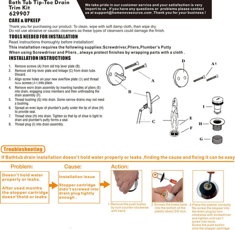 Installation guide and care instructions for Tip Toe Bathtub Drain Trim Kit With Two Hole Overflow Faceplate Chrome Plated Finish