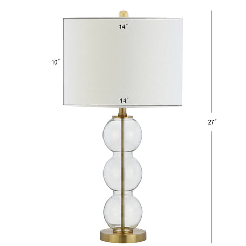 Clear Glass Triple-Sphere Table Lamps Set Of 2 With Brass Accents And White Linen Shade 27-Inch Tall Modern Bedside Lamps