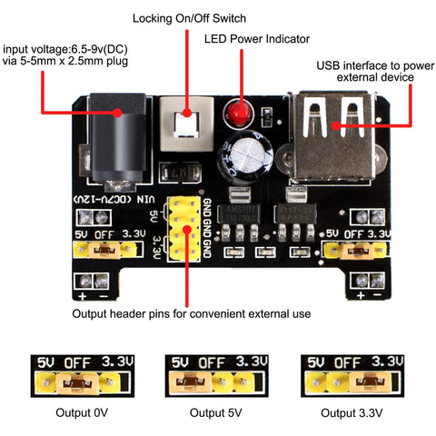 Electronic Component Fun Kit For Makers With Supply Module 830 Tie Point Breadboard showcasing power supply module details
