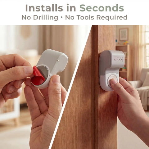 Heavy Duty 4 Pack Door Pinch Guards That Save Littles From Darn Door Slams And Keep The Nursery Secure With A Quick No Tool Installation Process Inside Any House, showing no-tool installation process.