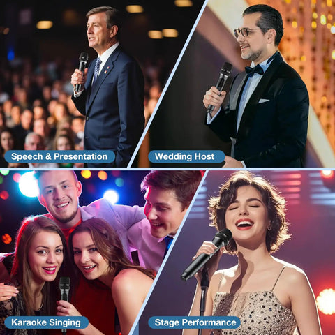 Dual Handheld Wireless Karaoke Microphone Set With Rechargeable Receiver used for speeches, weddings, karaoke, and stage performance.