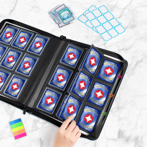 Premium PU Leather Top Loader Binder That Holds Up To 324 Cards With 18 Double Sided Pages And 9 Pockets Per Page Side Loading Ringless Card Album For 3 By 4 Inch Rigid Toploaders Ideal For Card Shows And Trades Black, shown open on a marble surface with cards inside.