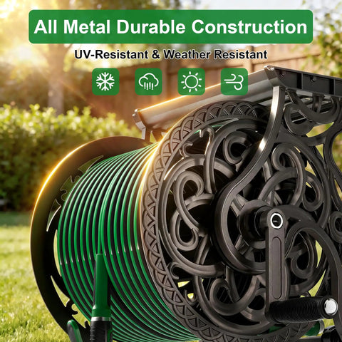 Heavy Duty Hose Reel Wall Mount With Shelf For Outdoor Storage That Keeps Your Yard Neat, dark bronze finish, close-up view