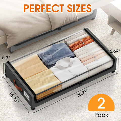 Under Bed Storage Drawers 2 Pack With Rolling Wheels And Leather Handles, Clear Window And Label, Great For Clothes