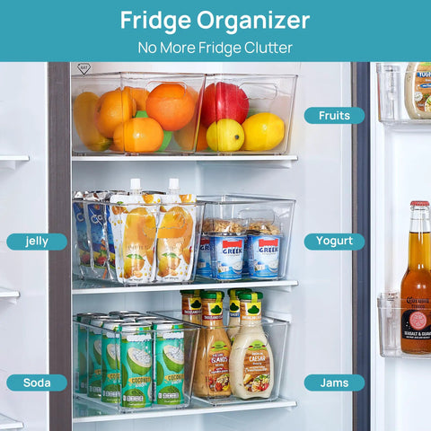 Fridge shelves filled with beverages and condiments using clear storage bins with handles six pack for pantry organization and storage plastic bins for fridge cabinet kitchen countertops cupboard and freezer medium size.