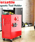 Red rolling cart with Magnetic Drill Bit Organizer For Long Phillips Bits Built Tough Heavy Duty Steel Bit Holder in garage.