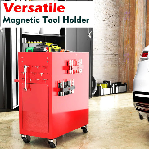 Red rolling cart with Magnetic Drill Bit Organizer For Long Phillips Bits Built Tough Heavy Duty Steel Bit Holder in garage.