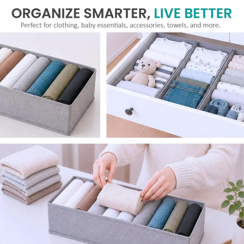 Deep Dresser Drawer Organizers 4 Pack Slick Fabric Closet Bins That Clean Up Messy Bedrooms, grey fabric bin with folded clothes.