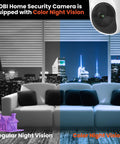 Home Monitoring Camera With Crystal Clear Full HD Video, Color Night Vision comparison in living room setting, showing city skyline.