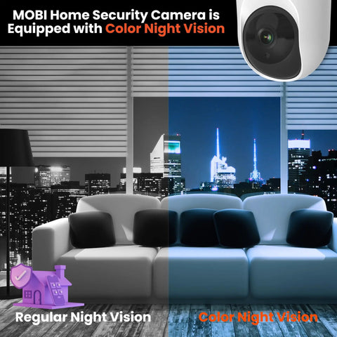 Home Monitoring Camera With Crystal Clear Full HD Video, Color Night Vision comparison in living room setting, showing city skyline.