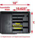 Slick Expandable Drawer Organizer Tray With Adjustable Width And Removable Dividers For Hustle Ready Desk Organization In Smooth Recycled Black Plastic Finish, showing dimensions 10.625" x 16".