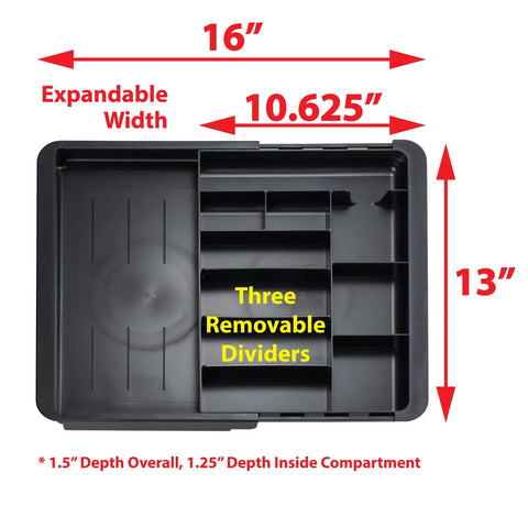 Slick Expandable Drawer Organizer Tray With Adjustable Width And Removable Dividers For Hustle Ready Desk Organization In Smooth Recycled Black Plastic Finish, showing dimensions 10.625" x 16".