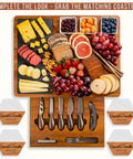Personalized Acacia Wood Charcuterie Board Set With Heavy Duty Stainless Steel Knives - Custom Engraved Cheese Board Tray For Weddings with assorted cheeses and meats.