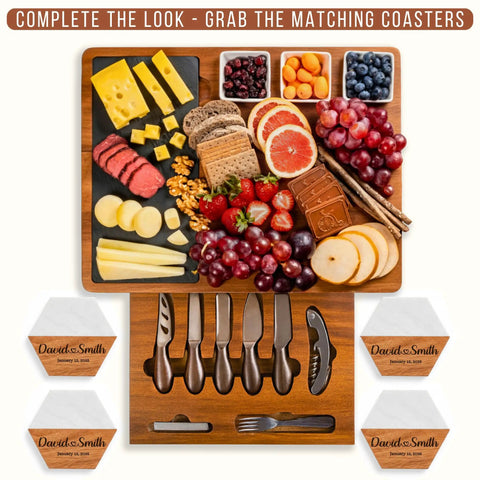 Personalized Acacia Wood Charcuterie Board Set With Heavy Duty Stainless Steel Knives - Custom Engraved Cheese Board Tray For Weddings with assorted cheeses and meats.