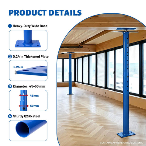 Rock Solid Adjustable Steel Jack Post Heavy Duty Structural Support 16070 Pound Capacity with wide base and thickened plate details.