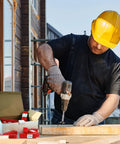 Man using a drill with Top Tier 21 Piece Forstner Bit Set Made For No Sweat Drilling On Any Project With Carbide Tipped Wood Drill Bits Covering Metric Sizes 10 To 42 Mm Round Shank And Quick Snap Depth Rings.