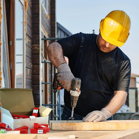 Man using a drill with Top Tier 21 Piece Forstner Bit Set Made For No Sweat Drilling On Any Project With Carbide Tipped Wood Drill Bits Covering Metric Sizes 10 To 42 Mm Round Shank And Quick Snap Depth Rings.