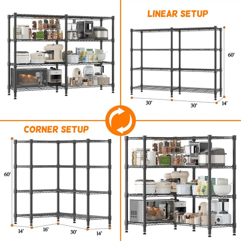 Rock Solid Four Tier Wire Shelving Unit, Heavy Duty Adjustable Metal Storage Rack For Garage Pantry And Kitchen, Powder Coated Utility Organizer, 14 By 60 By 60 Inches, Durable Black Finish