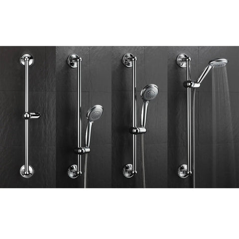 Insta-Mount Power Suction 24 Inch Stainless Steel Shower Slide Bar With Height And Angle Adjustment in different positions