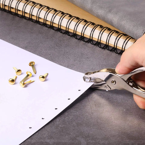 300 Pieces Three Quarters Inch Paper Fasteners Small Round Metal Brads With Hole Punch Included For Scrapbooking Crafts And DIY Gold Tone Rustproof Brass Plated Finish.