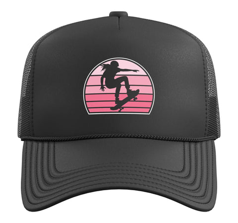 Rad Pink Skater Graphic Trucker Hat For Women And Girls Adjustable Mesh Back Cap For Skateboarding And Skating front view