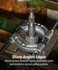 Bearing Splitter Kit For Gear And Bearing Removal, Half Inch To Nine Inch, Alloy Steel with angled edges in use.