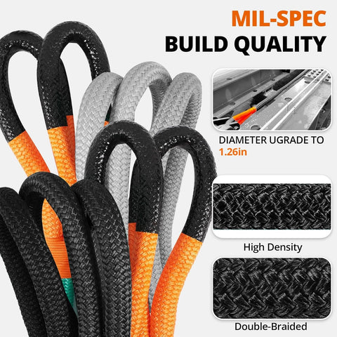 Kinetic Recovery Tow Rope 1.26 Inch By 30 Foot Snatch Strap With Soft Shackles, black and orange, double-braided build