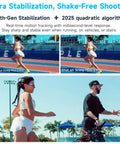 Comparison of running shots: without and with All In One Three Axis Gimbal Stabilizer For Camera Smartphone And Action Cam With Built In AI Tracking 0.003s Response And 18m Tracking Range Detachable Remote Handle For Vertical Shooting And Pro Grade Smooth Content Vlog Ready, showing stability effect.
