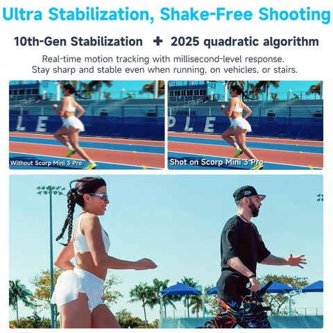 Comparison of running shots: without and with All In One Three Axis Gimbal Stabilizer For Camera Smartphone And Action Cam With Built In AI Tracking 0.003s Response And 18m Tracking Range Detachable Remote Handle For Vertical Shooting And Pro Grade Smooth Content Vlog Ready, showing stability effect.