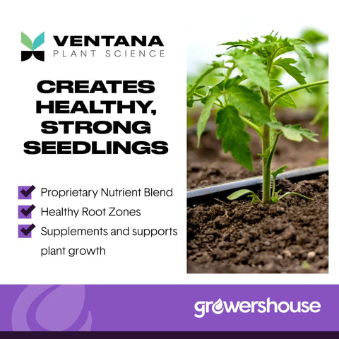 Ventana Plant Science ad for creating healthy seedlings, featuring a young plant in soil with supplement benefits listed