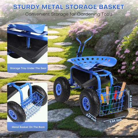 Rolling Garden Work Seat With Wheels For Easy Yard Tasks, 360 Degree Swivel Stool With Steering Handle And Tool Tray