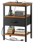 Nightstand With Charging Station And USB Ports, Bedside Table With Adjustable Fabric Drawer, 3 Tier Storage End Table For Bedroom And Living Room, Rustic Brown And Black Finish, Modern Night Stand With Power Outlets