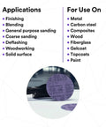 Xtract Cubitron II Hookit Clean Sanding Film Disc 775L 220 Grit 5 Inch on table with application list background.