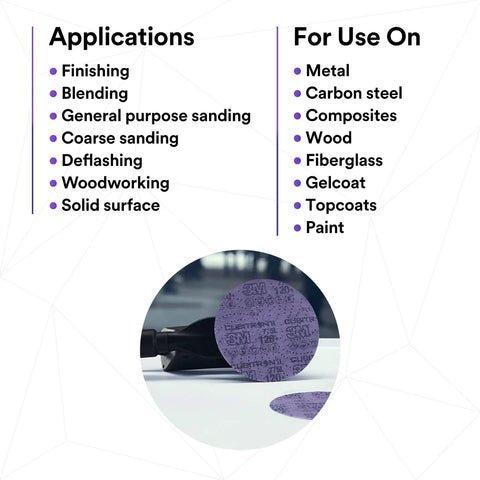 Xtract Cubitron II Hookit Clean Sanding Film Disc 775L 320 Plus 5 inch pack, applications list and disc close-up on surface