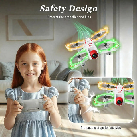 Child operating kid friendly mini drone with 720P camera for beginners and teens, showcasing safety design with propeller guard.