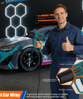 Man holding Dual Temp Heat Gun With 572F And 1112F Settings beside car with vinyl wrap, showing non-slip handle and air vents