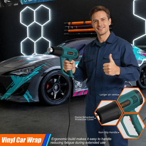 Man holding Dual Temp Heat Gun With 572F And 1112F Settings beside car with vinyl wrap, showing non-slip handle and air vents