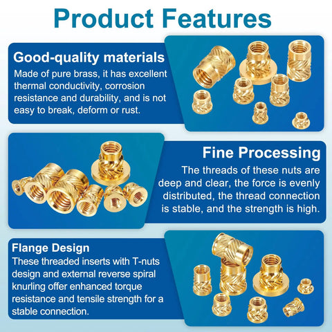 Product features of 50 Pack M3 Heat Set Threaded Inserts Knurled Flange T Nuts Brass For Plastic And 3D Printing with flange design