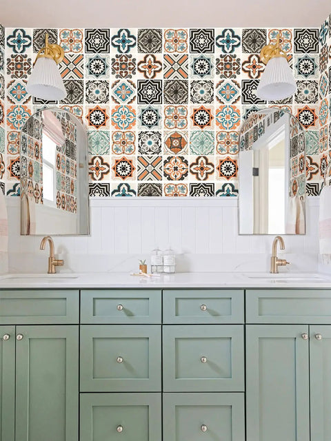 Bathroom with colorful tile backsplash featuring Boho Peel And Stick Wallpaper For Kitchen Backsplash Gray Pattern Vinyl Self Adhesive Removable