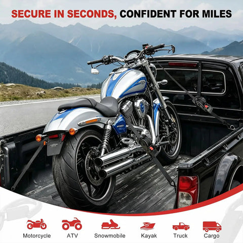 Heavy Duty Retractable Ratchet Straps 1 Inch By 10 Foot 4 Pack 1650 Lb Breaking Strength Rust Resistant Cargo Tie Downs securing a motorcycle in a truck.