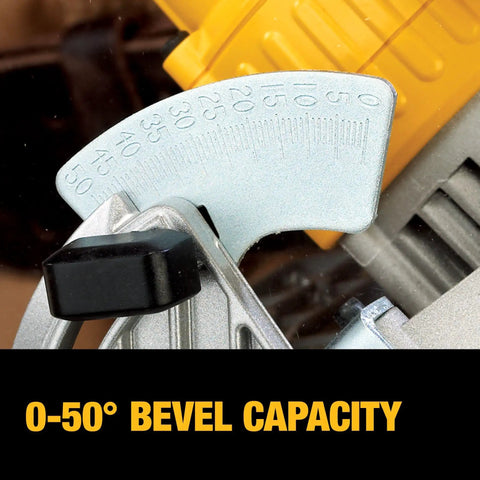 Close-up of 0-50 degree bevel scale on Cordless Sidewinder 20V Max Circular Saw with 6-1/2 Inch Blade, 5150 RPM Power, Magnesium Shoe