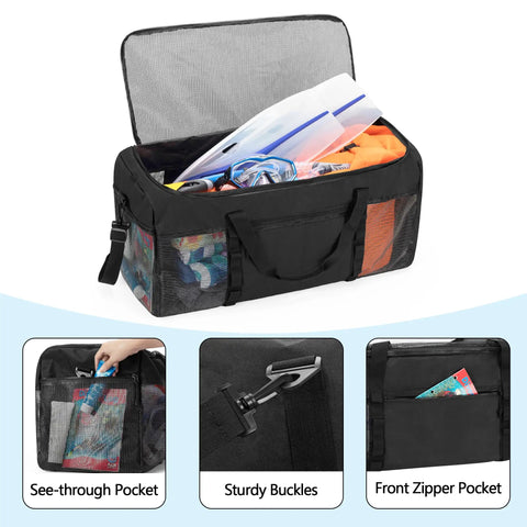 Extra Large Mesh Dive Duffel Bag For Scuba Gear And Beach Essentials, 29.5 x 11.8 x 13.8 inches, open showing contents and pockets