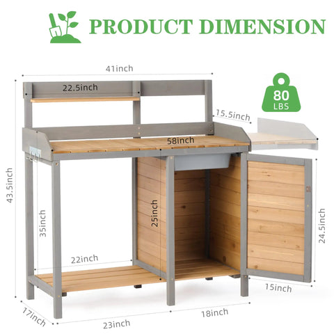 Dimensions of Sturdy Wooden Potting Bench With Sink For Outdoor Garden Work Table With Storage Cabinet And Shelves