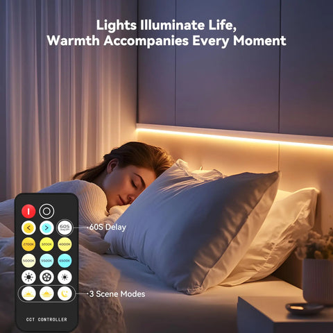 Tunable White COB LED Strip Light 2700K To 6500K 16.4 Ft 24V Dimmable UL Listed Dotless Tape in bedroom with RF remote